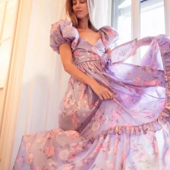 Lilac Floral Puff Sleeve High Waist Surplice Maxi Dress with Bow - Picture 5 of 16